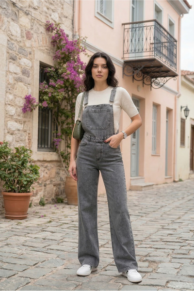 Vovikon KN Bahçıvan Ön Cepli Askılı Bol Paça Kadın Denim Tulum