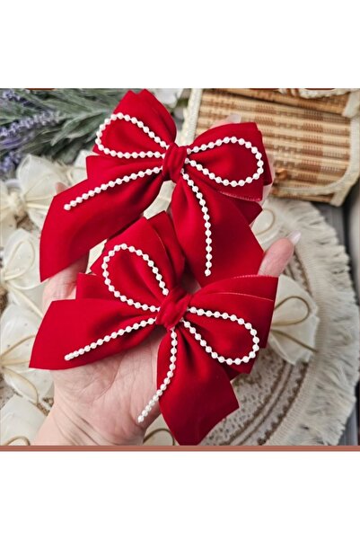 LO ADORO 2 τεμάχια Κόκκινη κορδέλα Βελούδο με λευκές πέρλες