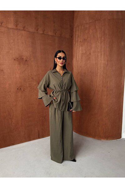 Miss Beyoğlu Women's Sleeves Ruffled Blouse Trousers Set