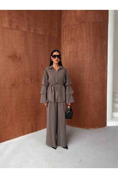 Miss Beyoğlu Women's Sleeves Ruffled Blouse Trousers Set