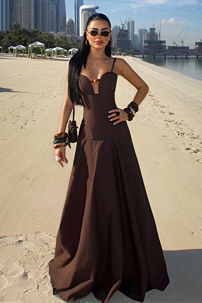 Eyyo Cream Havenna Beaded Detailed Spaghetti Strap Elegant Long Event Dress A...