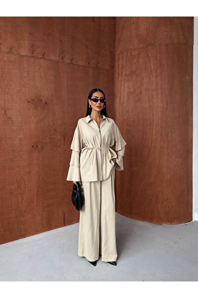 Miss Beyoğlu Women's Sleeves Ruffled Blouse Trousers Set