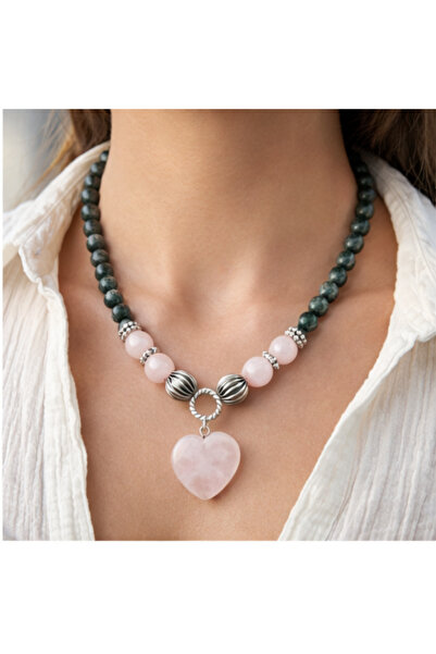 elinasaccessories Doğal Taş Yeşim Kolye Pembe Kuvars Kalp Uçlu Kadın Kolye – ...