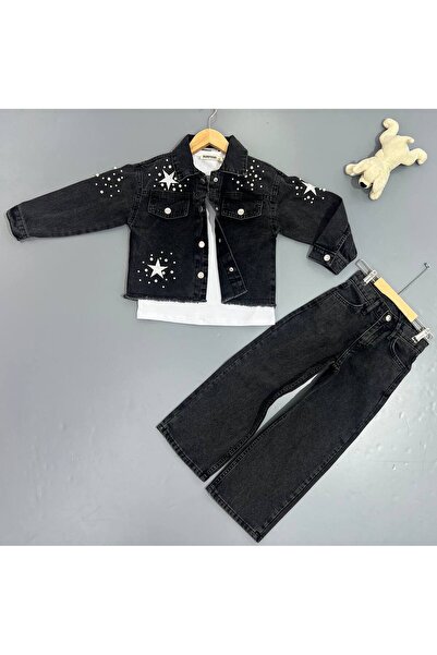 MİNİK DÜŞLER Set de 3 piese din denim negru cu detalii stea din mărgele pentr...