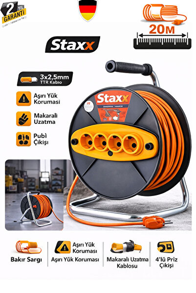 STAXX POWER Şantiye ve Atölye Tipi Metal Ayaklı Makaralı Uzatma Kablosu 20M 3...