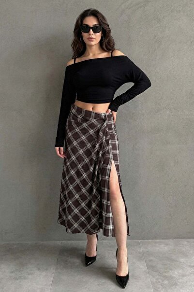 Madmext Brown Plaid Patterned Slit Detailed Double-Breasted Midi Women's Skir...