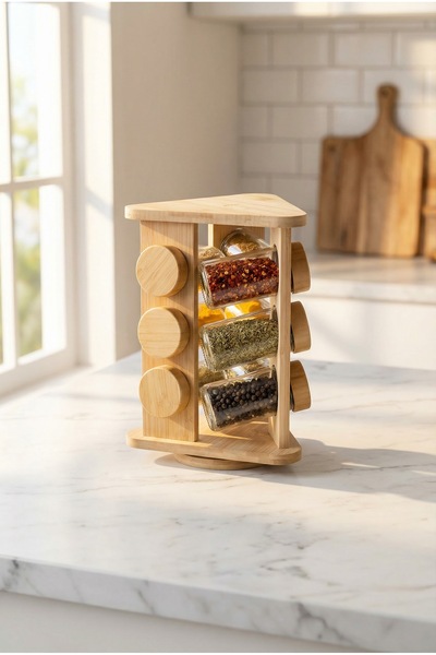 ACAR Malibu 9-Piece Glass Spice Rack Set with Rotating Stand