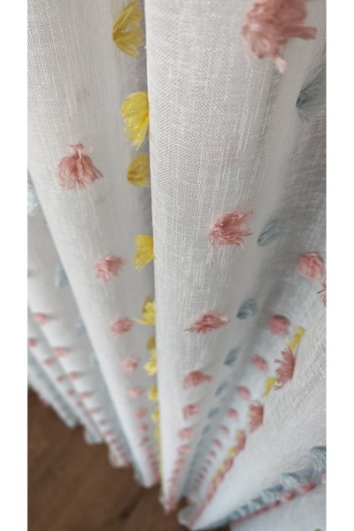 Yuka Εκρού Λινό Τούλινη κουρτίνα Χρωματιστό Λεπτομέρεια με βολάν 1/3 Πυκνή πι...