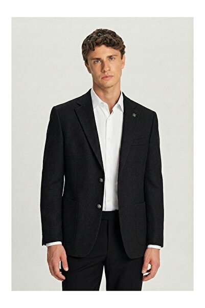 LC Waikiki Black Slim Fit Wool Blend Mono Collar Patterned Men's Jacket