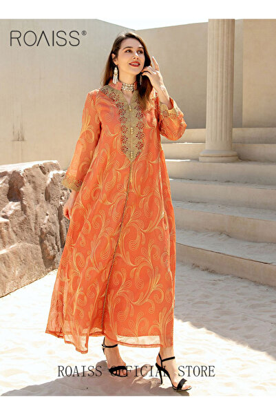 ROAISS Abaya Style Robe with Printed Pattern Loose Fit Women Daily Casual Ver...