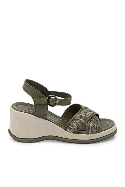 Tergan Haki Hasır - Deri Kadın Sandalet - K25Y1SN68055-H48