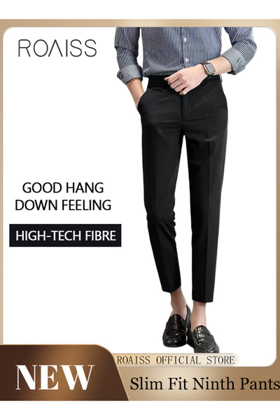 ROAISS Men's Suit Pants Straight-Leg Slacks Cropped Pants with Elastic Waist ...