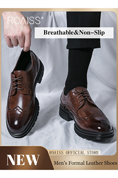 ROAISS Formal PU Leather Shoes for Men Round Toe Slip on Brogue Pattern Breat...