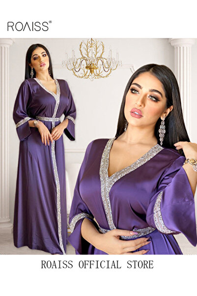 ROAISS Women Luxury V-neck Rhinestone Robe Maxi Dresses Exclusive Styles Mode...