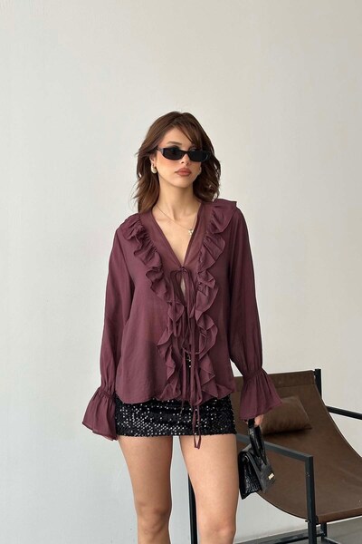 MyLoore Γυναικεία Μπλούζα Βουργουνδίας Λεπτομέρεια με βολάν Με δέσιμο MLB162