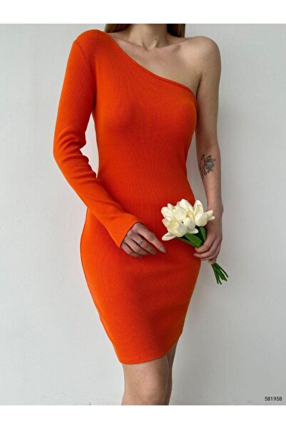 Modafeminen Orange Ribbed Knit Dress 581958