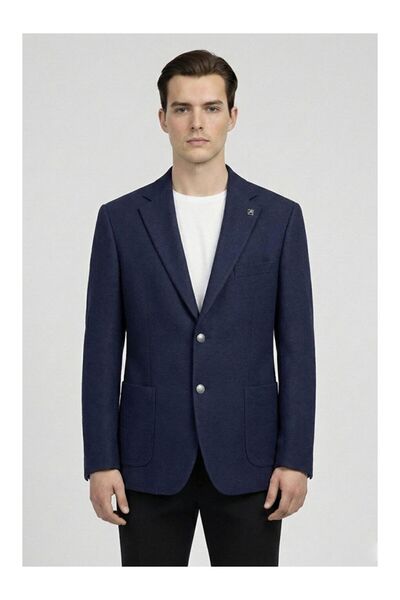 LC Waikiki Navy Blue Slim Fit Wool Blend Mono Collar Patterned Men's Jacket