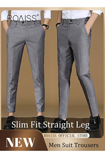 ROAISS Men Straight Leg Slim Fit Trousers Elastic Slimming Effect Pilling Fre...