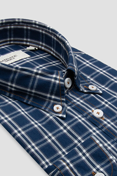 Abbate Natte Denim Cotton Lu Comfort Fit Navy Blue Button-Down Collar Men's C...