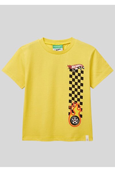 Benetton Boy's Yellow Hot Wheels Licensed 100% Cotton Crew Neck T-Shirt