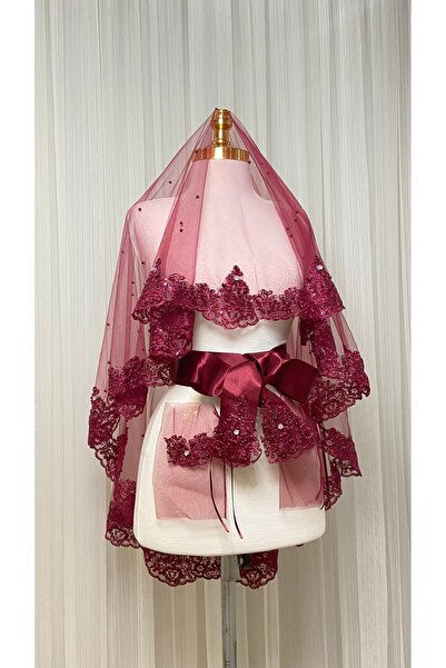 NEHİR AKSESUAR Bordo Gelin Duvak Seti, Tel Kırma Pullu Güpürlü Ve İnci Süslem...