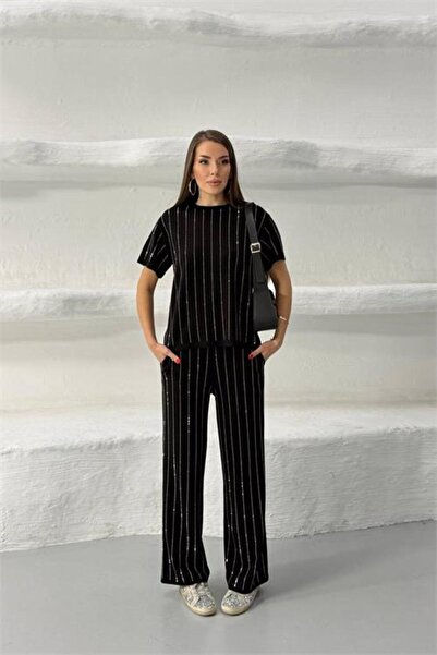 Neşeli Butik Set de două piese pentru femei, negru, cu mânecă scurtă, detaliu...