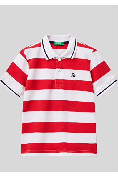 Benetton Tricou cu guler polo pentru copii, cu mânecă scurtă, cu dungi bumbac...