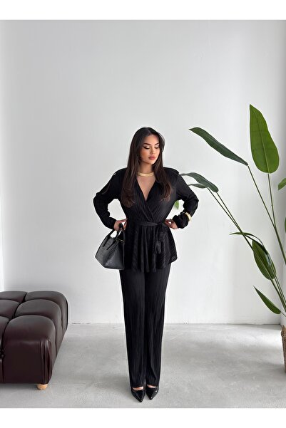 Arfami Women's Black Pleated Double-Breasted Collar Belted Top and Pants Set