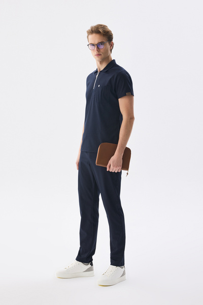 Class Üniforma Men's Polo Neck Medical Uniform Set Navy Blue Stretch Fabric Doctor Nurse Uniform