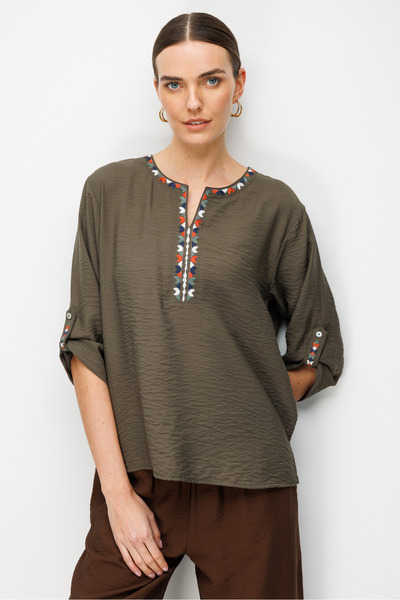Desen Triko Women's Open Collar Ethnic Embroidered Shirt Khaki