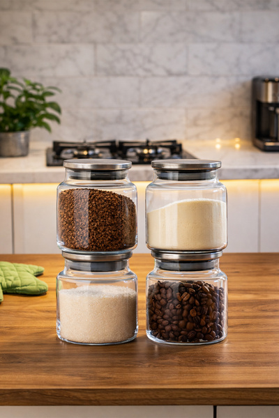 Porsima 4403 Bormio Set of 4 Glass Jars with Metal Lids Vacuum Lid Storage Or...