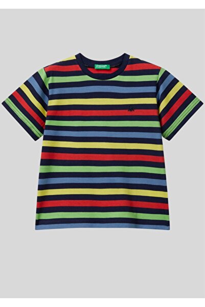 Benetton Logo Embroidered Multi-Colored Striped Kids T-Shirt