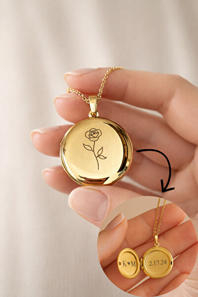 Personalized Rose Patterned Steel Opening Necklace – Souvenir Necklace with Name and Date