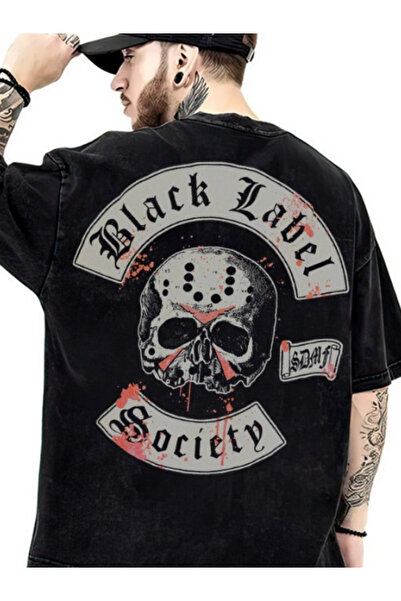 Unisex Siyah Oversize 100% Pamuk Sırt ve Ön Baskılı Bisiklet Yaka Sokak Stili T-shirt BLACK LABEL