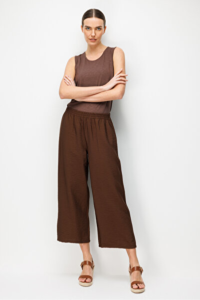 Desen Triko Pantaloni de damă cu talie elastică cu buzunare maro