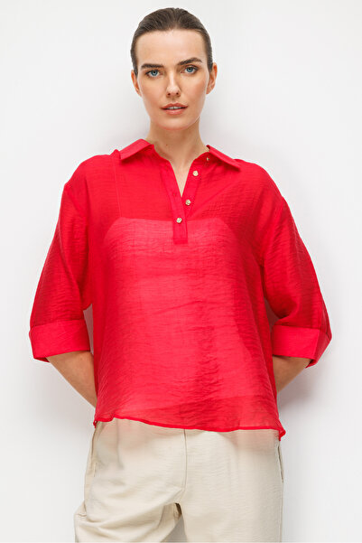 Desen Triko Women's Buttoned Collar Three-Quarter Sleeve Shirt Red