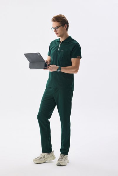 Class Üniforma Men's Polo Neck Medical Uniform Set Hunter Green Stretch Fabric Doctor Nurse Uniform