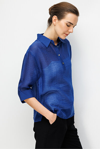 Desen Triko Жіноча сорочка з коміром на ґудзиках, рукави Truvakar, темно-синя