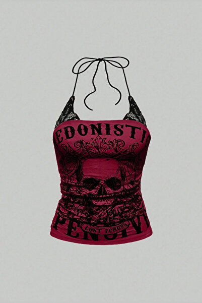 Köstebek Red Hedonistic Skull Lace Detailed Y2K Strap Cropped