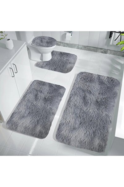 Magdeal Set of 4 Non-Slip Bath Mats, Fluffy Material, Grey