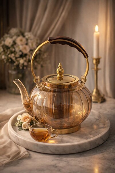 morponi Wooden Strappy Heat Resistant Borosilicate Amber Glass Teapot – 1200 ...