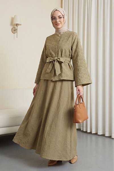 Modamorfo Nilsa Set with Single Button and Belt Flared Skirts - Mink