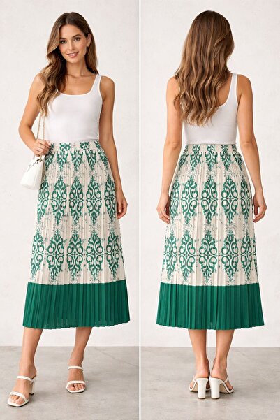 umut tekstil imalat Patterned Pleated Long Skirt, Pleated Skirt