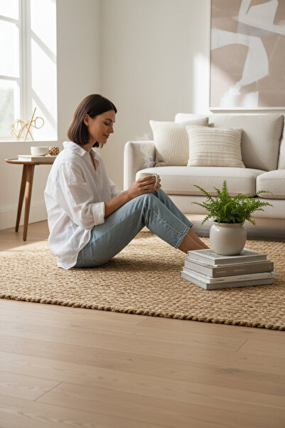 Akayev Nature Jüt Hasır Dikdörtgen Saçaklı Halı 120x80 Cm