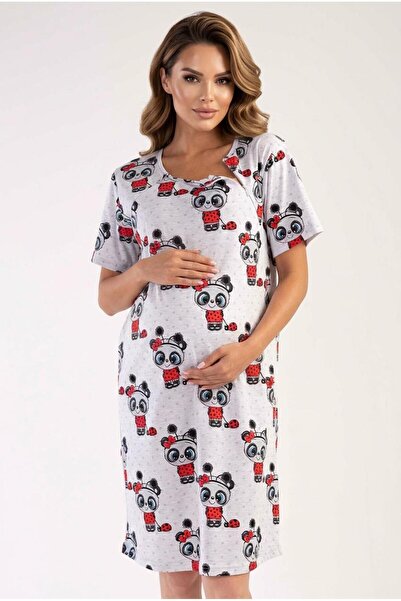 cotonhause بيز وايت باندا منقوش قميص نوم للحوامل بأكمام قصيرة لسهولة الرضاعة ...