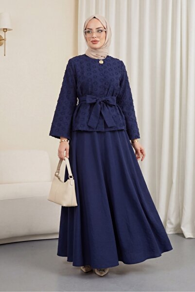 Modamorfo Nilsa Set with Single Button and Belt Flared Skirts - Navy Blue