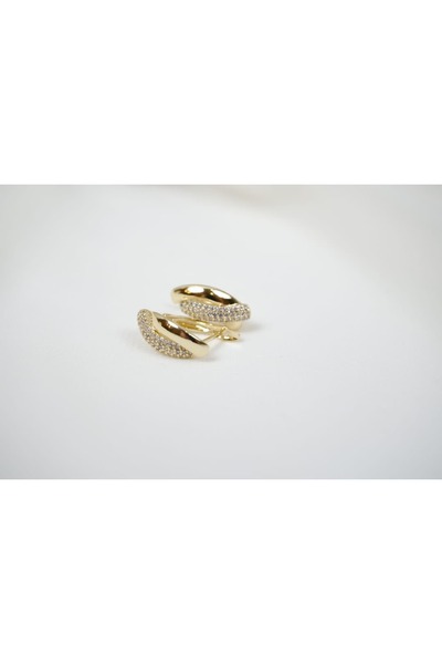 ATELİER TUĞBA Kp331 Half Stone Zircon Stone Gold Hoop Earrings (Length 16 mm)