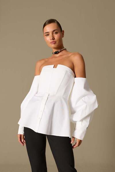 NOK İSTANBUL Dusk Volume 100% Cotton Corset Shirt Top Ecru