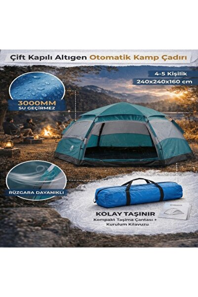 sylar 4-5 KİŞİLİK Çift Kapılı Altıgen Otomatik Kamp Çadırı 240x240x160 cm