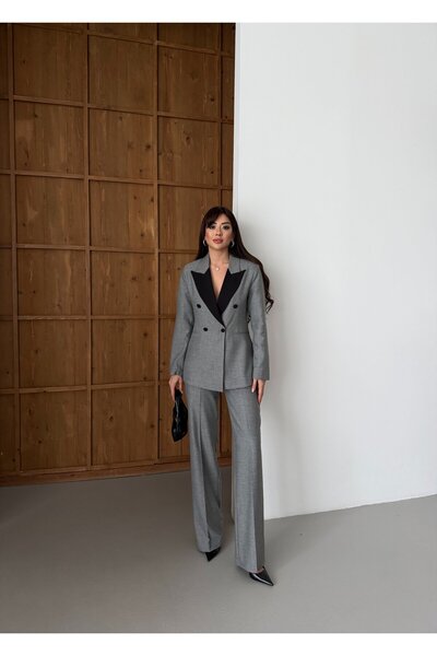 LOVELF Premium Yakası Garnili Pötikare Takım Gri